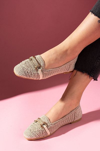 FUGA MODA Celino Beige Stone Buckle Oval Saddle Embroidered Knitwear Ballerinas