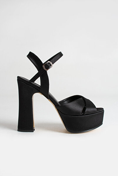 es exello Μαύρα σατέν παπούτσια με χοντρό τακούνι με μαλακή επένδυση υψηλής π...