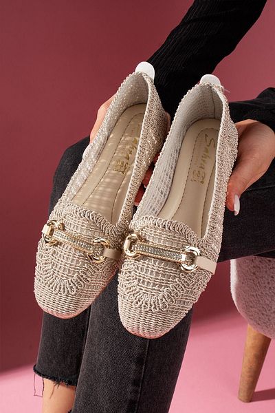 FUGA MODA Celino Beige Stone Buckle Oval Saddle Embroidered Knitwear Ballerinas