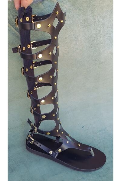 Bostini Siyah Deri Eskiçağ Antik Roma Fermuarlı Parmak Arası Gladyatör Sandalet