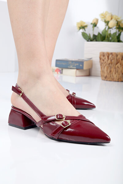 BEB SHOES kadın çift bantlı bordo rugan kısa topuklı babet