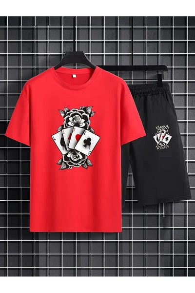 FULL TOLERANCE Yd Design Poker and Rose Flower Printed Unisex Oversize Shorts T-Shirt 2-Piece Set