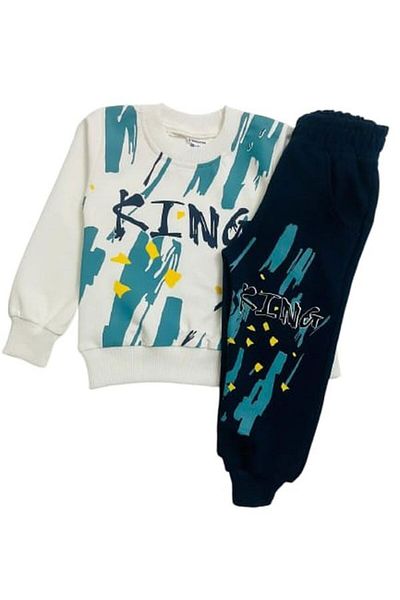 ÇİTO KİDS Boy's 100% Cotton Ecru Navy Blue King Printed Pocket Crew Neck Long Sleeve Tracksuit Set