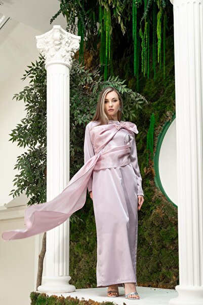 YAFA CLOTHING & ACCESSORIES Omuzdan Fiyonk Detaylı Elbise Gül Kurusu