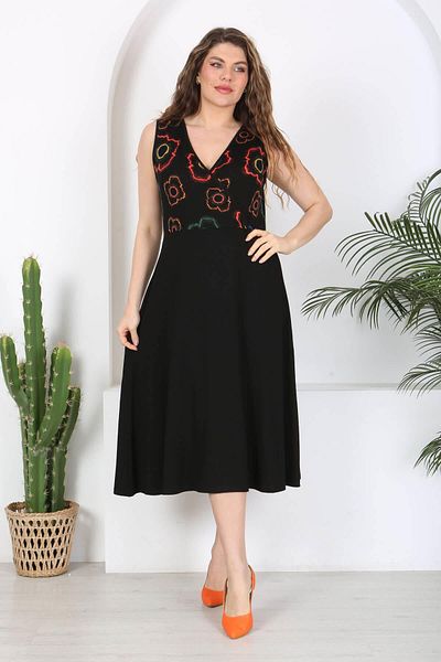 Mooi XXL Model floral neon negru - Rochie de damă la două piepturi cu detaliu de țevi