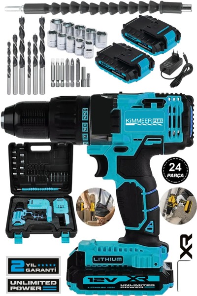 Jetta Power Tools 12v 2ah Metal Şanzıman Çift Akülü Bakır Sargı 24 Parça Şarjlı Akülü Vidalama Matkap