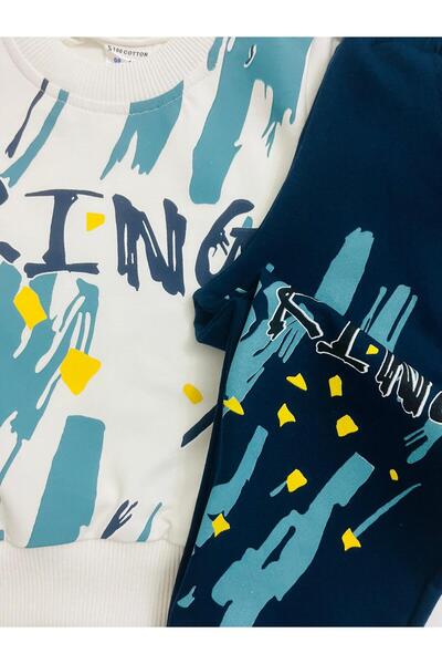 ÇİTO KİDS Boy's 100% Cotton Ecru Navy Blue King Printed Pocket Crew Neck Long Sleeve Tracksuit Set