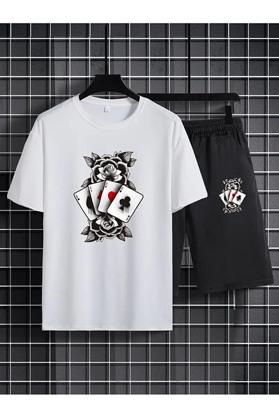 FULL TOLERANCE Yd Design Poker and Rose Flower Printed Unisex Oversize Shorts T-Shirt 2-Piece Set