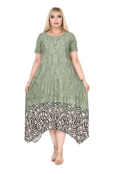MELSAY Women's Short Sleeve Asymmetrical Khaki Skirt Striped Pattern Plus Size Dress