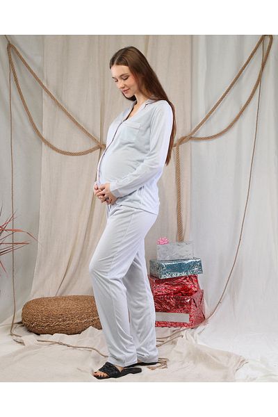 LadyMina Pijama Set de pijamale de maternitate și de maternitate cu dungi albastre - Piping din in