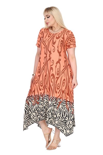 MELSAY Women's Short Sleeve Asymmetrical Orange Skirt Striped Pattern Plus Size Dress