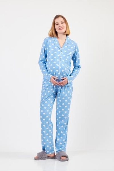 LadyMina Pijama Set de pijamale de maternitate și maternitate cu model de inimă albastră