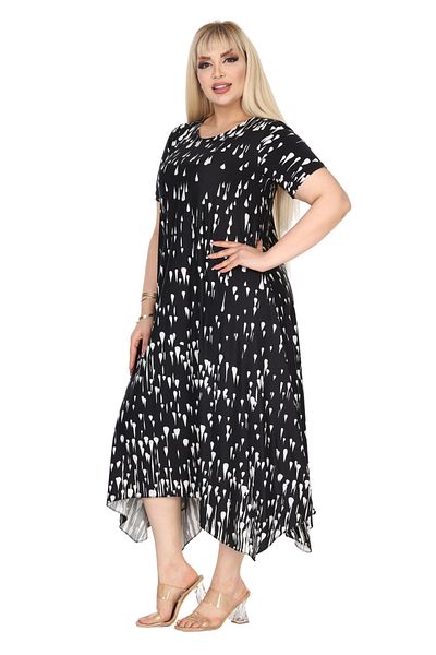 MELSAY Women's Short Sleeve Asymmetrical Black and White Oil Painting Pattern Plus Size Dress