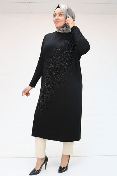 Eslina 58019 Plus Size Stone Printed Combed Cotton Tunic - Black