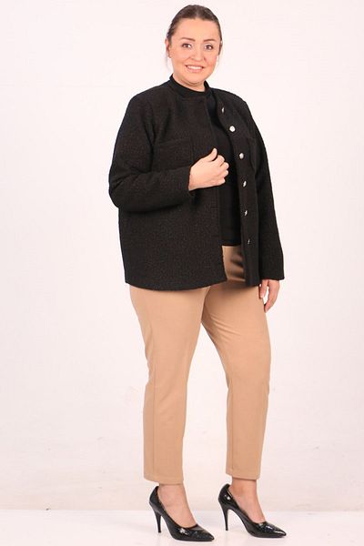 eslamood 33110 Μπουφάν με κουμπιά σγουρό αρνί Plus Size-Μαύρο