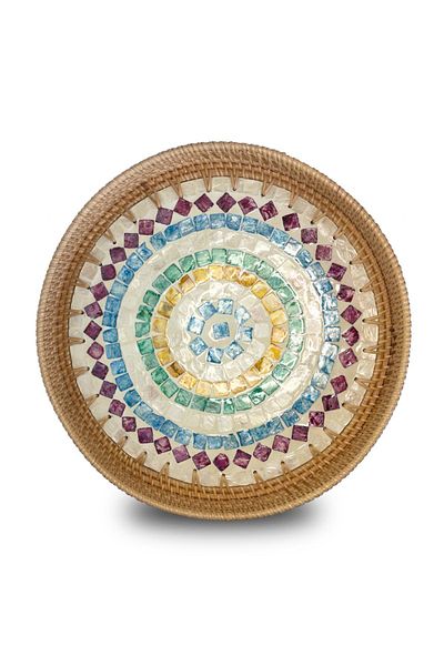 Coconut Products Colorful Design Mother of Pearl Plated Round Rattan Tray