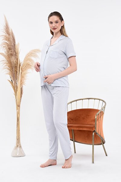 LadyMina Pijama Hamile Lausa Çizgili Kısa Kol Lounge Ikili Pijama Takımı