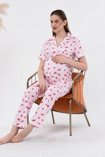 LadyMina Pijama Set de pijamale duble cu model pepene verde pentru gravida si maternitate