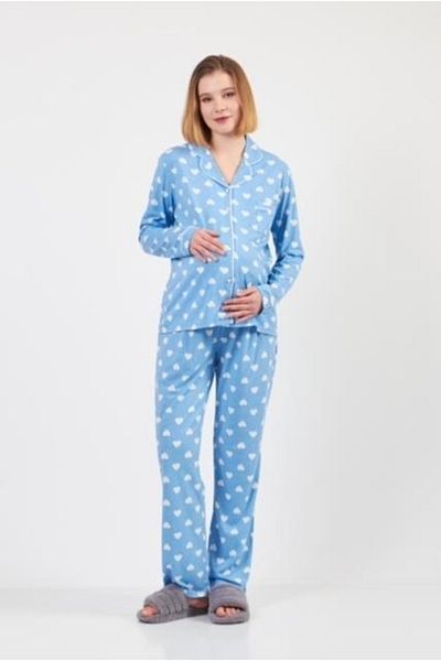 LadyMina Pijama Set de pijamale de maternitate și maternitate cu model de inimă albastră