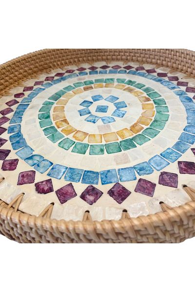 Coconut Products Colorful Design Mother of Pearl Plated Round Rattan Tray