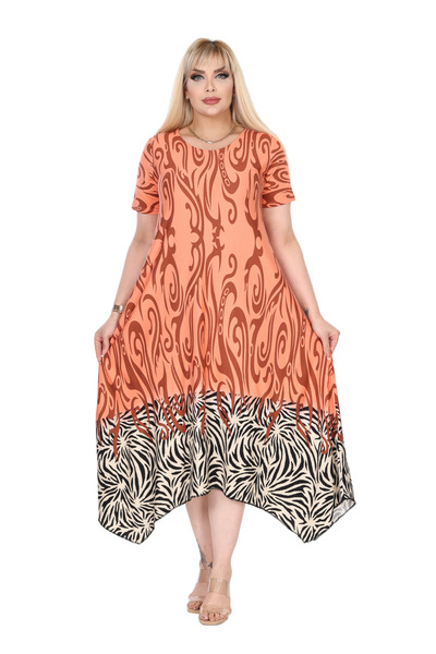 MELSAY Γυναικείο κοντομάνικο ασύμμετρο πορτοκαλί φούστα με ριγέ σχέδιο φόρεμα σε μεγάλο μέγεθος