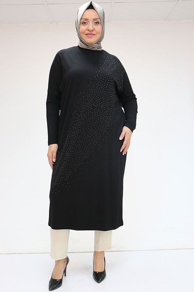Eslina 58019 Plus Size Stone Printed Combed Cotton Tunic - Black