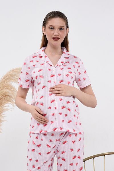 LadyMina Pijama Set de pijamale duble cu model pepene verde pentru gravida si maternitate