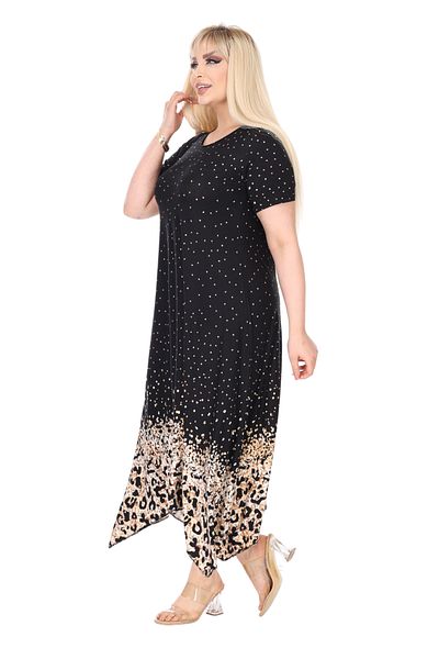 MELSAY Women's Short Sleeve Asymmetrical Black Polka Dot Hem Leopard Print Plus Size Dress