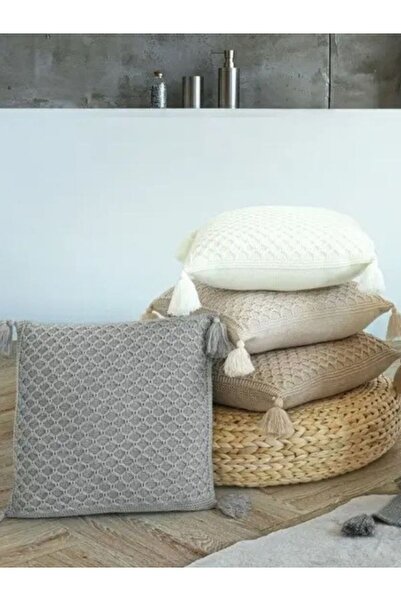 DOUX HOME Πλεκτά Ριχτάρι Μαξιλαροθήκη - Μαξιλάρι (45x45 cm), Χρώμα Κόκκαλο