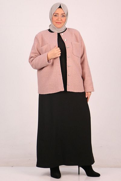 eslamood 33110 Plus Size Curly Lamb Button Jacket-Powder
