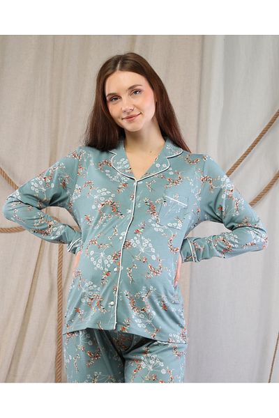 LadyMina Pijama Pregnant and Maternity Floral Patterned Linen Piping Pajamas Set