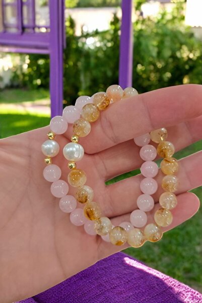NBS Beautiful Naturel Stones Gerçek İncili Pembe Kuvars Ve Sitrin Set Kadın D...