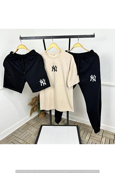 Ferhatlı Summer Black Shorts Cream T-Shirt Black Sweatpants 3-Piece Set Combination