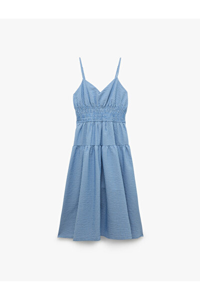 Koton Çizgili Askılı Gipeli V Yaka Katlı Uzun Elbise