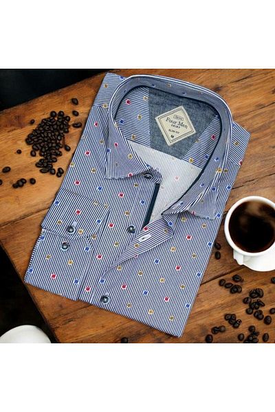 EREN STYLE Cămașă pentru bărbați din popelin de bumbac albastru cu mânecă lungă din lycra (slim fit)