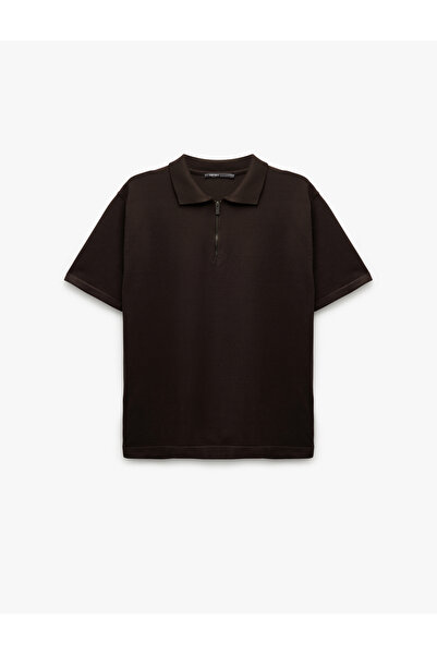 Koton Βασικό κοντομάνικο πλεκτό μπλουζάκι με μισό φερμουάρ βισκόζης