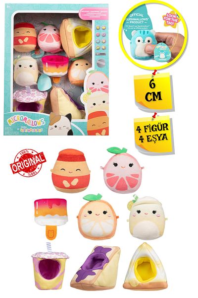 TOYFEST لعبة Micromallows Squishmallows القطيفة الناعمة الصغيرة 4 مجسمات + 4 مجموعة مجسمات إكسسوارات - 6 سم