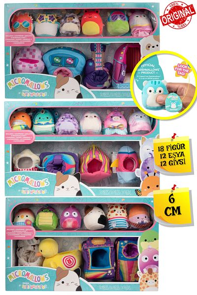 TOYFEST لعبة Micromallows Squishmallows الصغيرة القطيفة 18 مجسمًا + 12 ملحقًا. + مجموعة مجسمات ملابس 12 - 6 سم