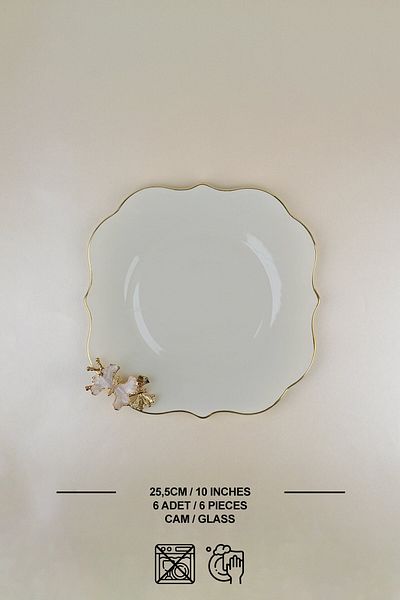 Glore Dolmabahce Lotus Cream Gold Gilded Glass Serving Plate Set for 6 People