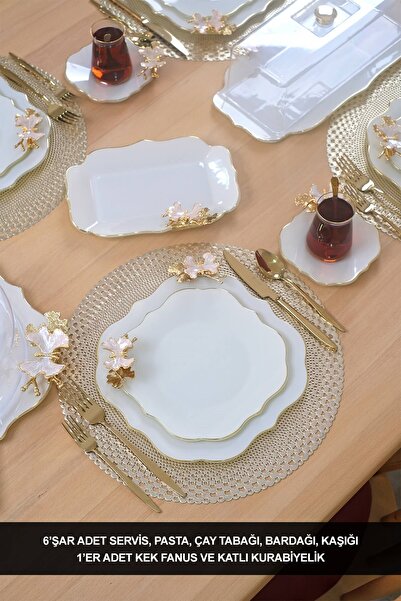 Glore Dolmabahçe Lotus Krem Altın Yaldızlı 6 Kişilik 34 Parça Pasta Servis Ta...