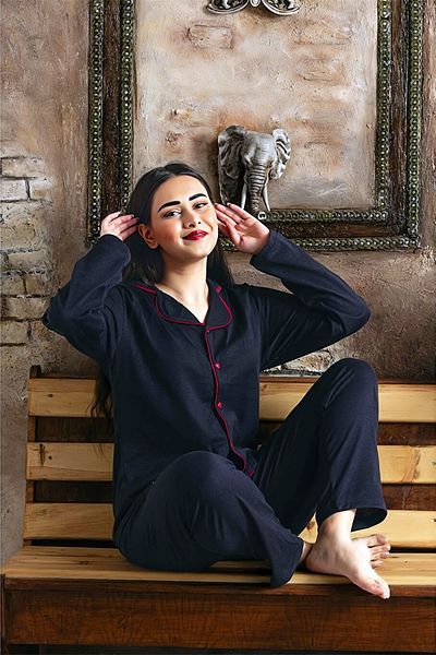 GRSN Women's Navy Blue Red Ribbed Long Sleeve Cotton Comfortable Pajamas Set