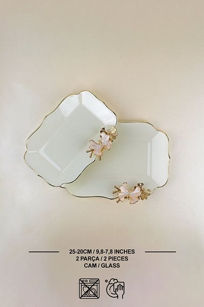 Glore مجموعة أطباق كاياك زجاجية مكونة من قطعتين من Dolmabahce Lotus Cream
