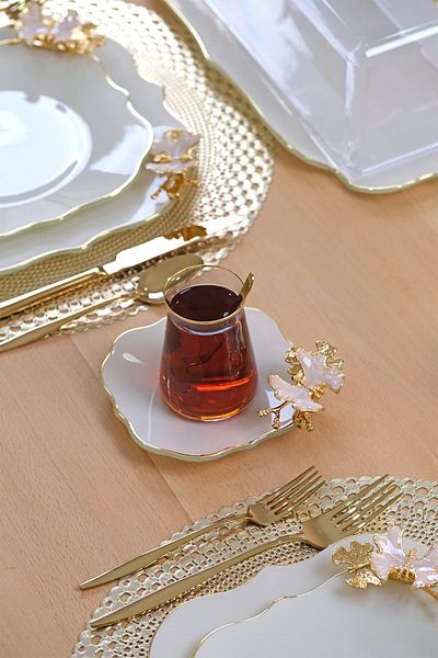 Glore Dolmabahce Lotus Cream Gold Gilded 12-Piece Glass Tea Set for 6 People
