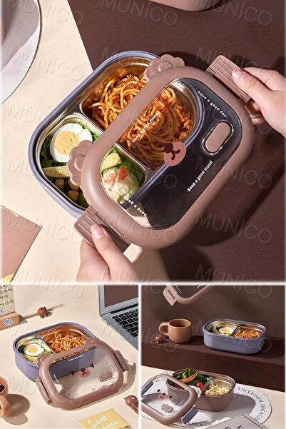 Munico Sevimli Ayı Şeklinde Öğle Yemeği Kutusu Çift Izgara Paslanmaz Çelik Mü...