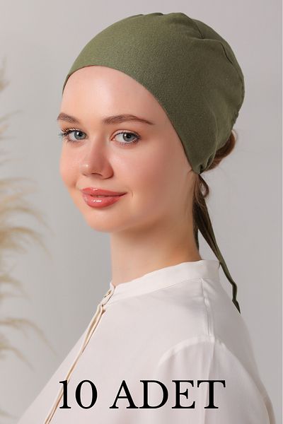 Melodi Scarf Γυναικείο Hijab Σετ χωρίς ραφή Καπό Χακί 10 τεμαχίων Δεμένο χτενισμένο βαμβακερό καπό