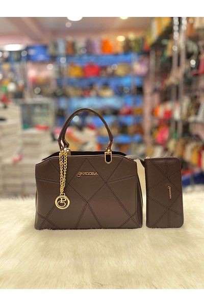 Pandora Bags Set geantă și portofel din nubuc maro închis