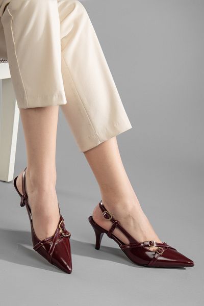 camaiore Women's Burgundy Patent Leather Cross-Strapped New Season Short Heeled Shoes