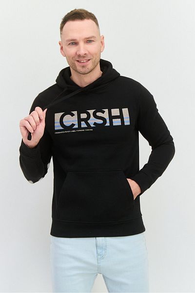 Crosshatch Men Hooded Brand Logo Long Sleeve Sweatshirt, Black