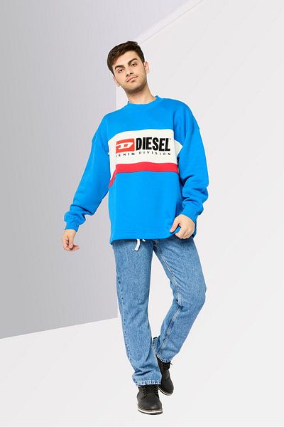 Diesel Men Crew Neck Embroidered Logo Long Sleeves Sweatshirt, Blue Combo