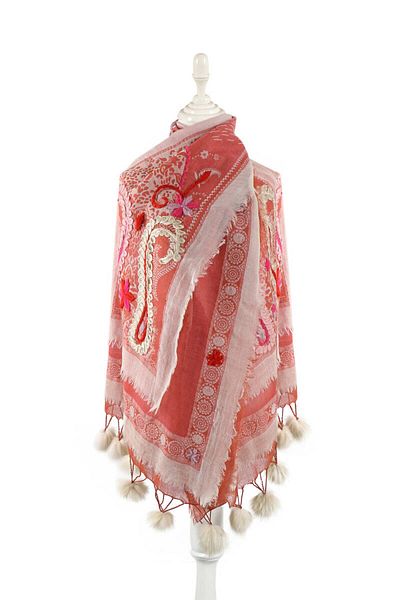 Bursa İpek Salmon Three Layers Washed Wool Pompom Shawl
